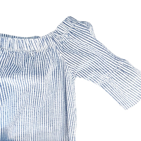 Pink Lemonade Seersucker Off Shoulder Dress Blue White Striped Belted Small - Picture 2 of 7